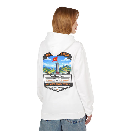 "Mama's Homestay" Ha Giang Loop Motorcycle Tour Hoodie – Lung Cu Tower – Custom Rider Name & Date – White Edition - Unisex
