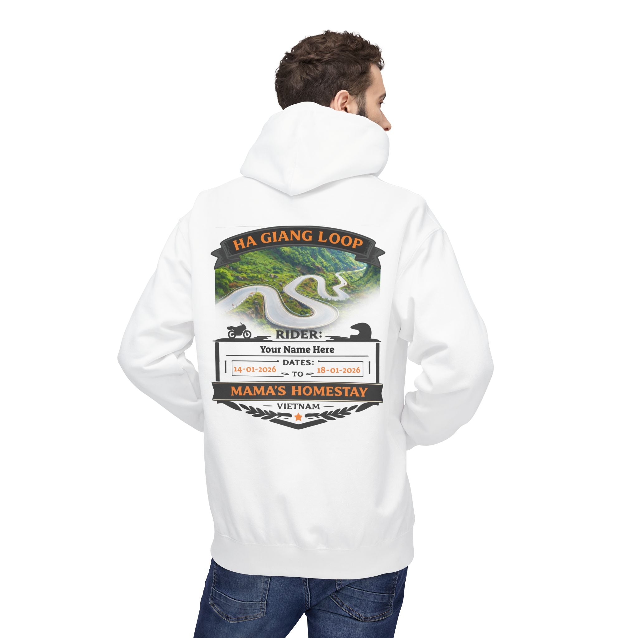 "Mama's Homestay" Ha Giang Loop Motorcycle Tour Hoodie – Mai Pi Leng Pass – Custom Rider Name & Date – White Edition - Unisex