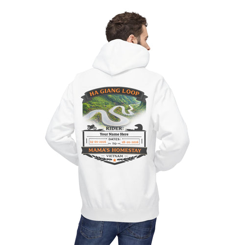 "Mama's Homestay" Ha Giang Loop Motorcycle Tour Hoodie – Mai Pi Leng Pass – Custom Rider Name & Date – White Edition - Unisex