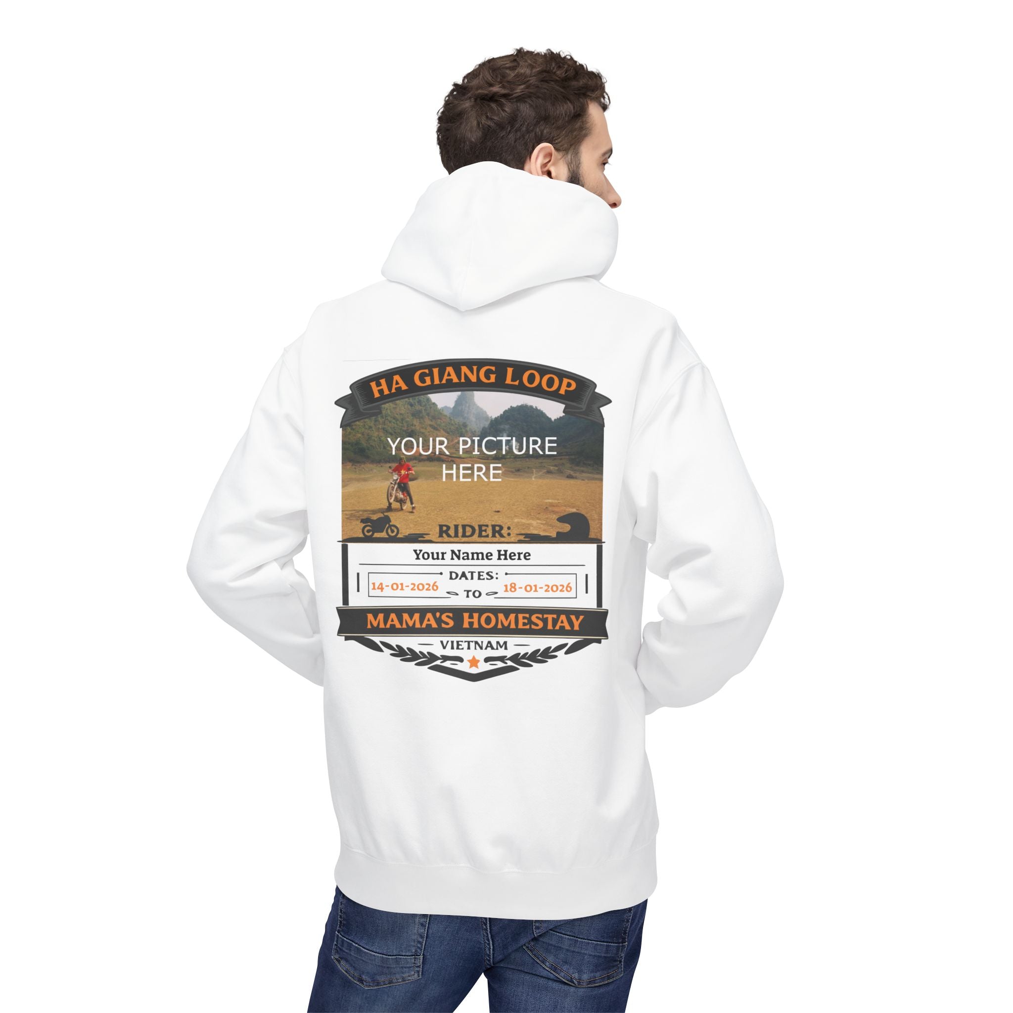 "Mama's Homestay" Ha Giang Loop Motorcycle Tour Hoodie – Upload Your Own Photo – Custom Rider Name & Date – White Edition - Unisex