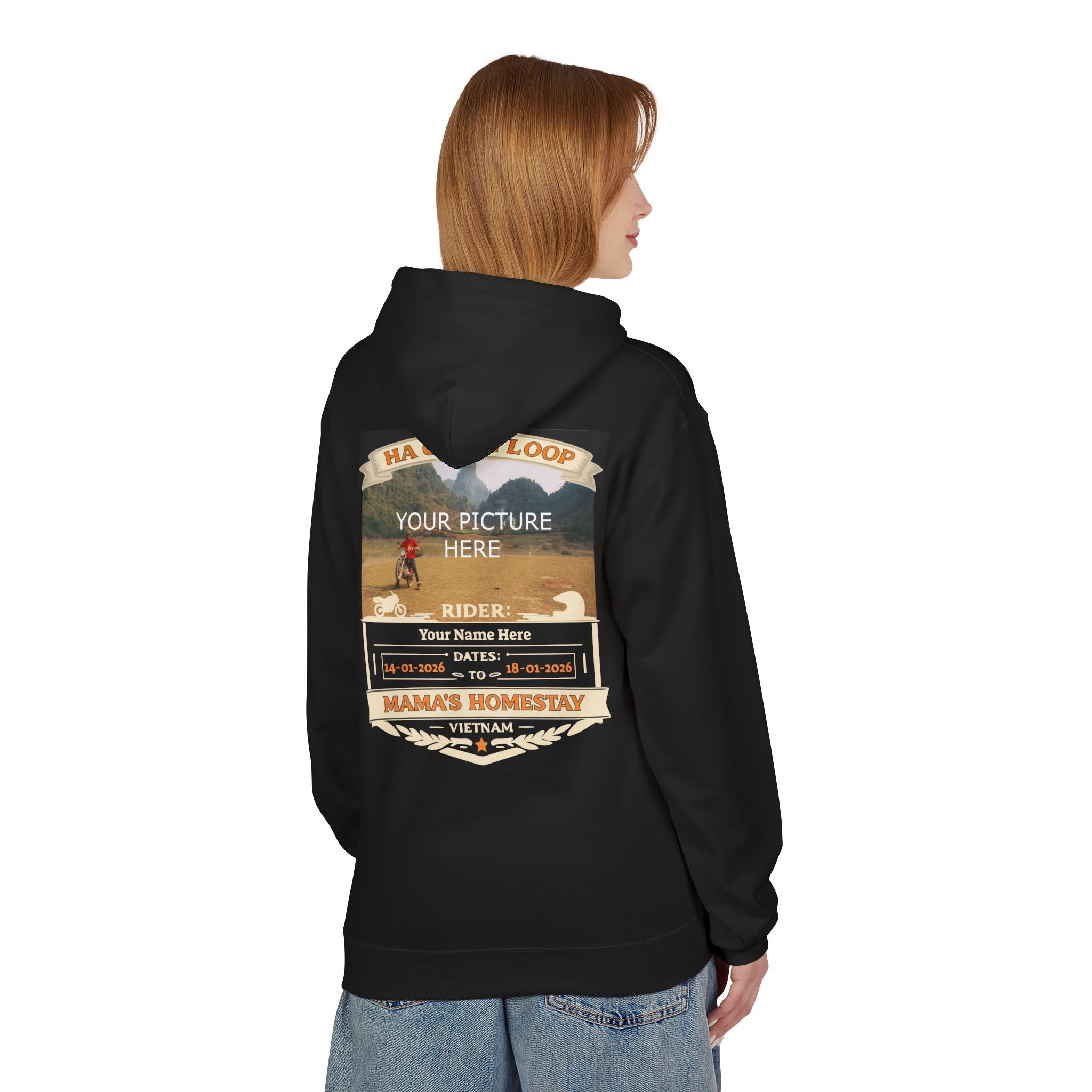 "Mama's Homestay" Ha Giang Loop Motorcycle Tour Hoodie – Upload Your Own Photo – Custom Rider Name & Date – Black Edition - Unisex