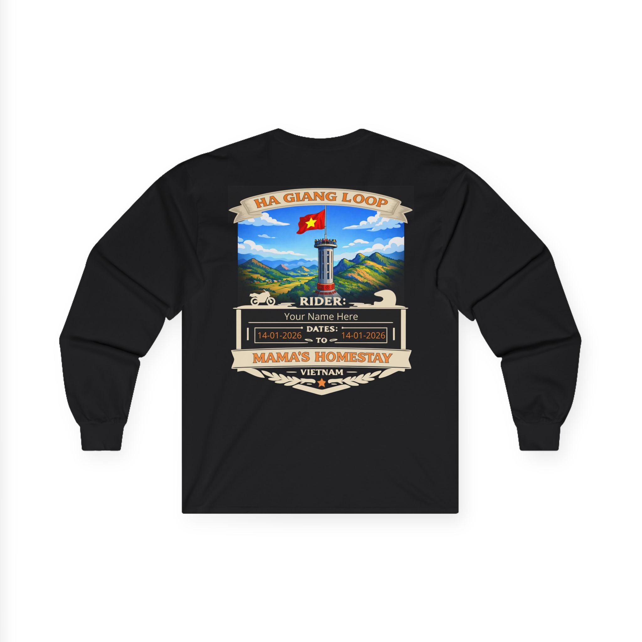 "Mama's Homestay" Ha Giang Loop Motorcycle Tour Long Sleeve Tee –  Lung Cu Tower – Custom Rider Name & Date – Black Edition - Unisex