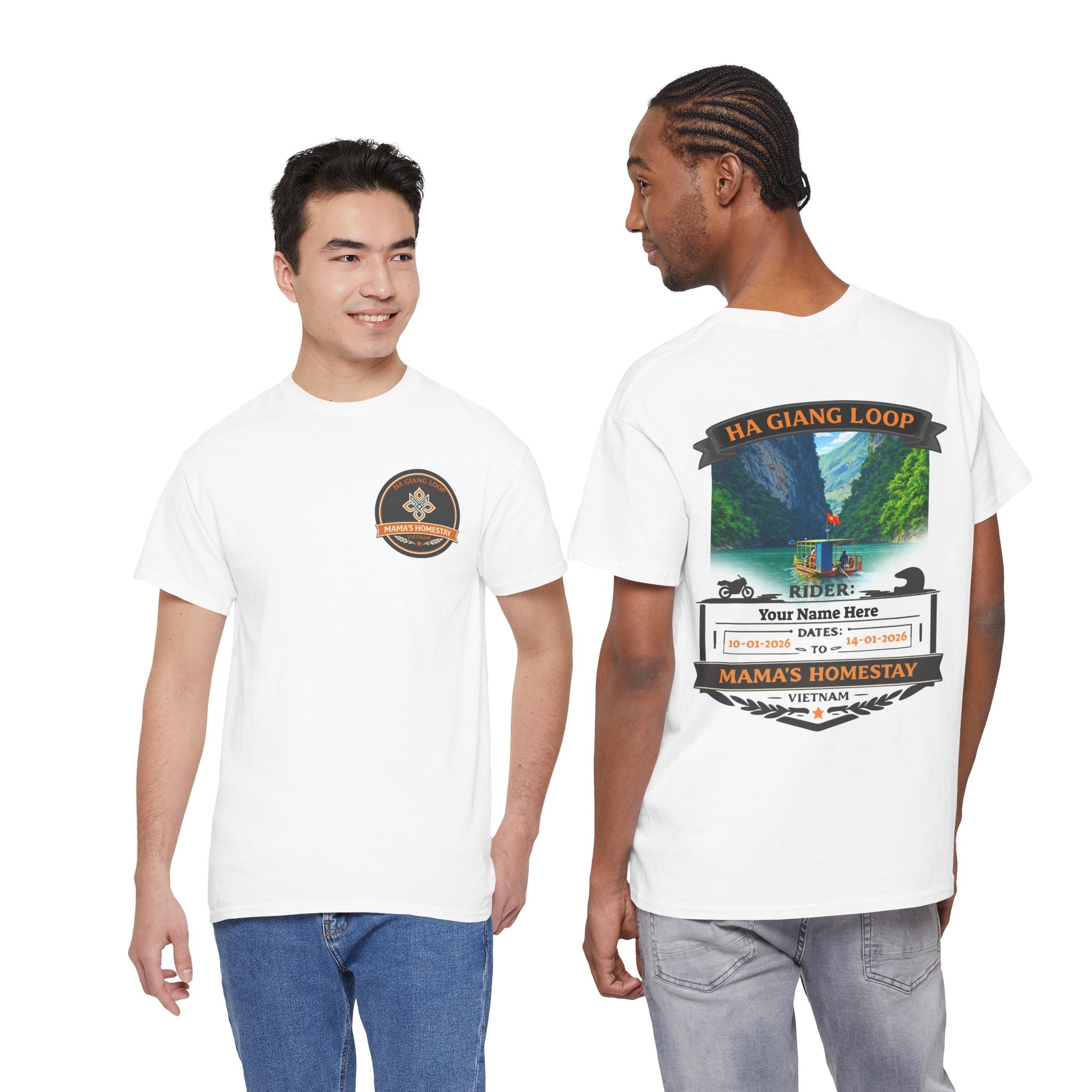"Mama's Homestay" Ha Giang Loop Motorcycle Tour Tee — Nho Que River  —  Rider Name & Date Customizable - White Edition - Unisex