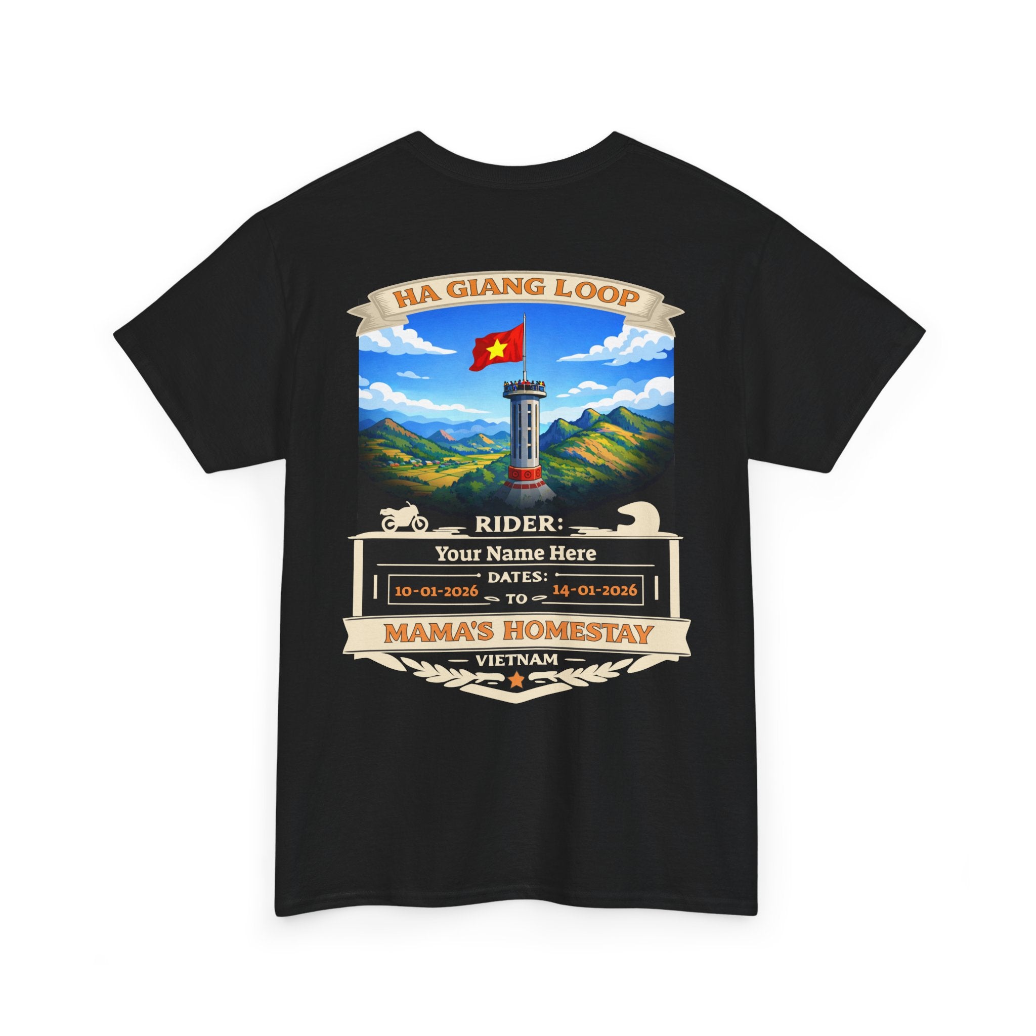 "Mama's Homestay" Ha Giang Loop Motorcycle Tour Tee — Lung Cu Tower  —  Rider Name & Date Customizable - Black Edition - Unisex