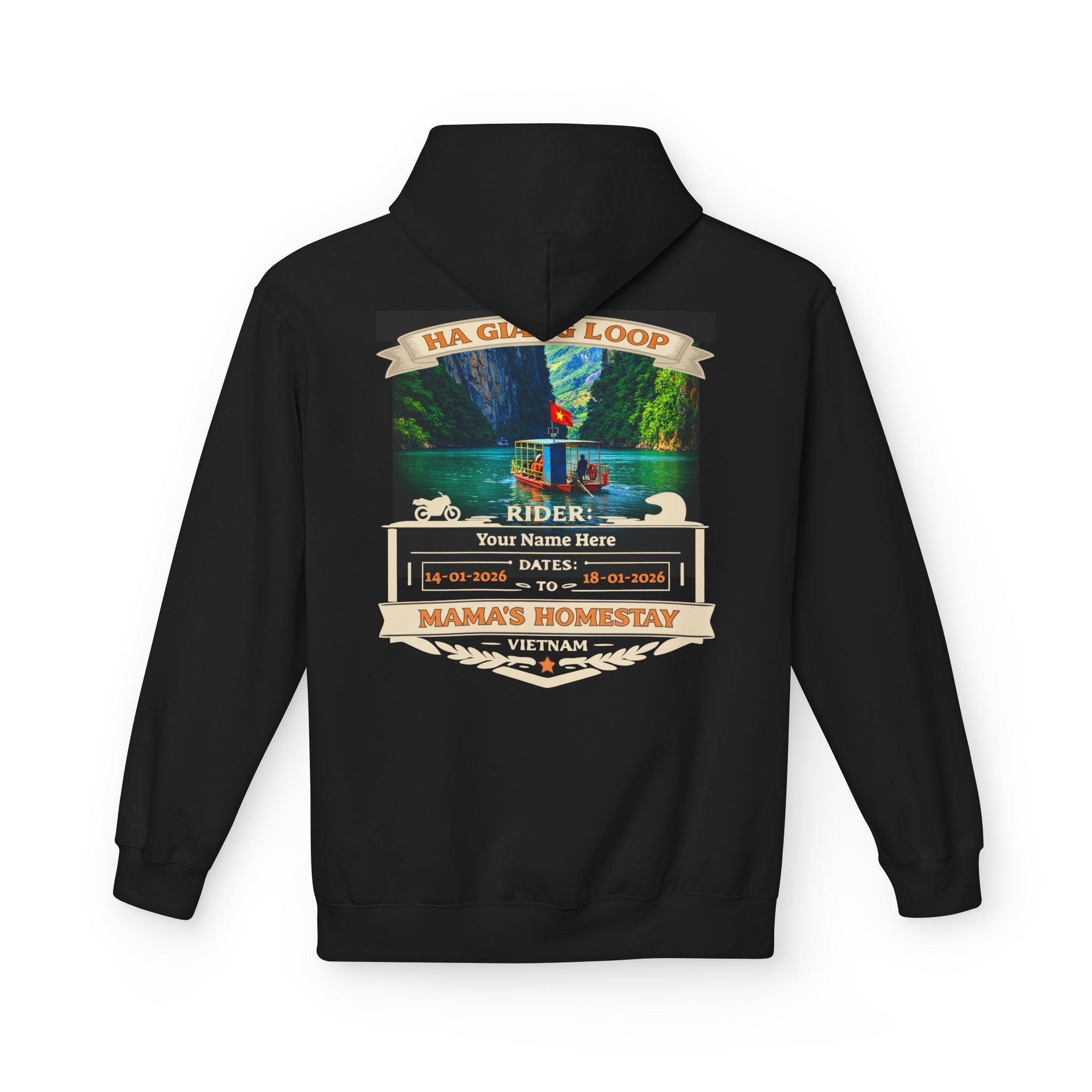"Mama's Homestay" Ha Giang Loop Motorcycle Tour Hoodie – Nho Que River – Custom Rider Name & Date – Black Edition - Unisex