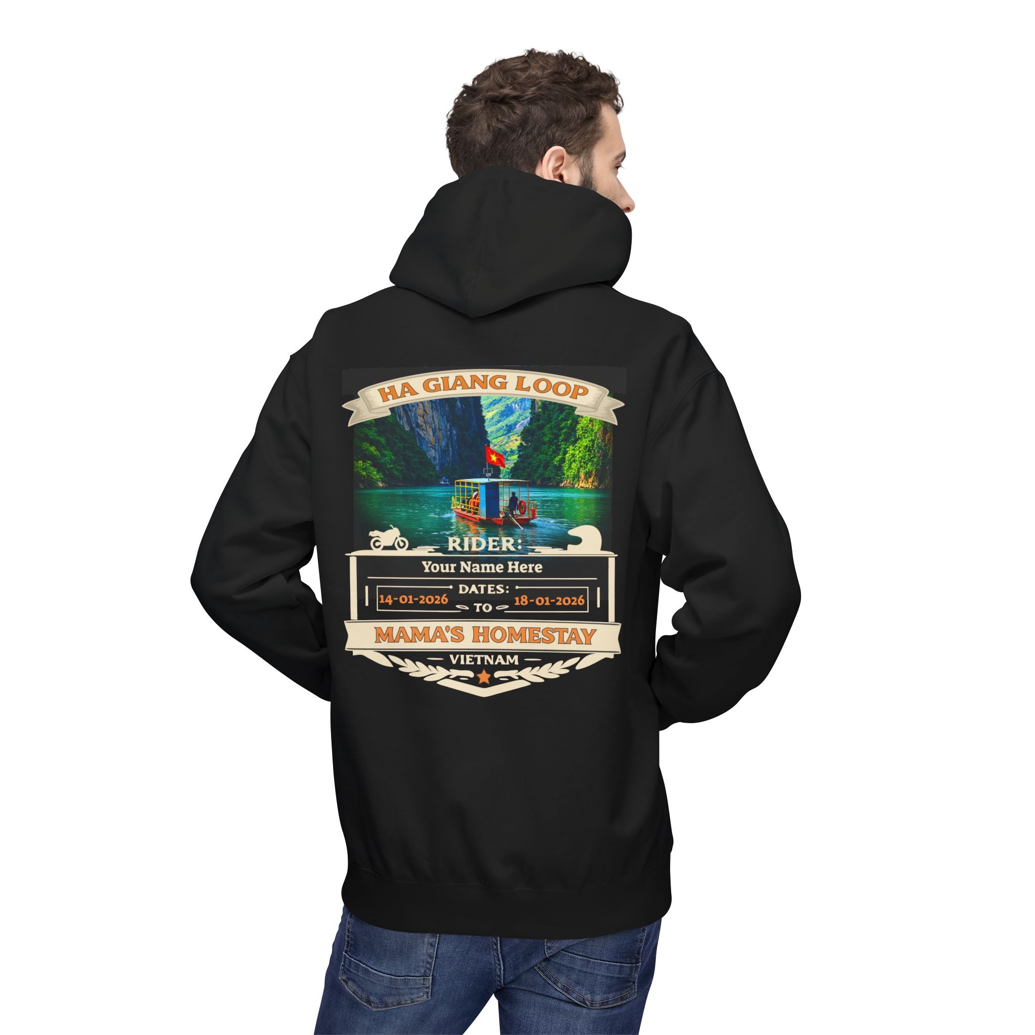 "Mama's Homestay" Ha Giang Loop Motorcycle Tour Hoodie – Nho Que River – Custom Rider Name & Date – Black Edition - Unisex