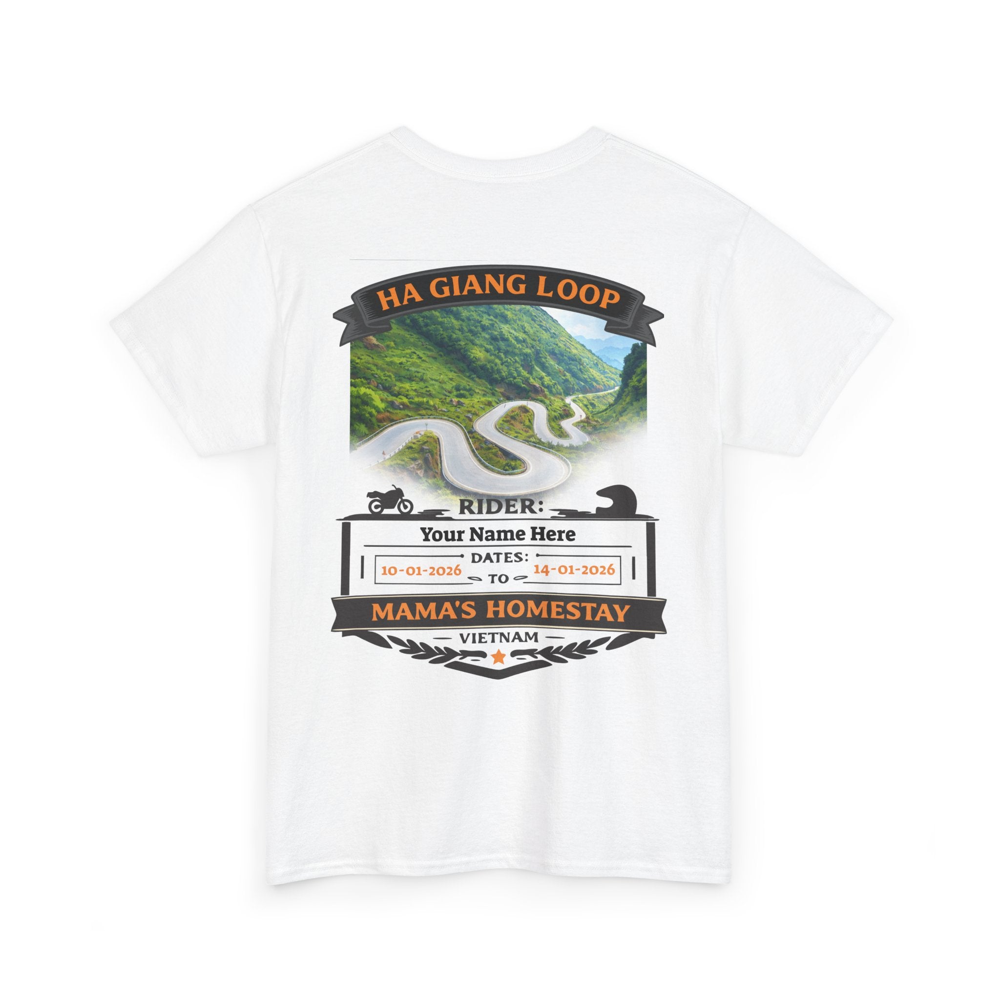 "Mama's Homestay" Ha Giang Loop Motorcycle Tour Tee — Mai Pi Leng Pass  —  Rider Name & Date Customizable - White Edition - Unisex