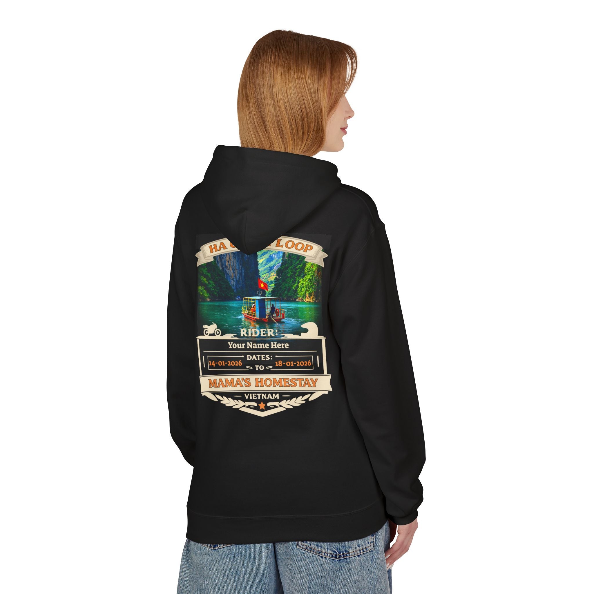 "Mama's Homestay" Ha Giang Loop Motorcycle Tour Hoodie – Nho Que River – Custom Rider Name & Date – Black Edition - Unisex