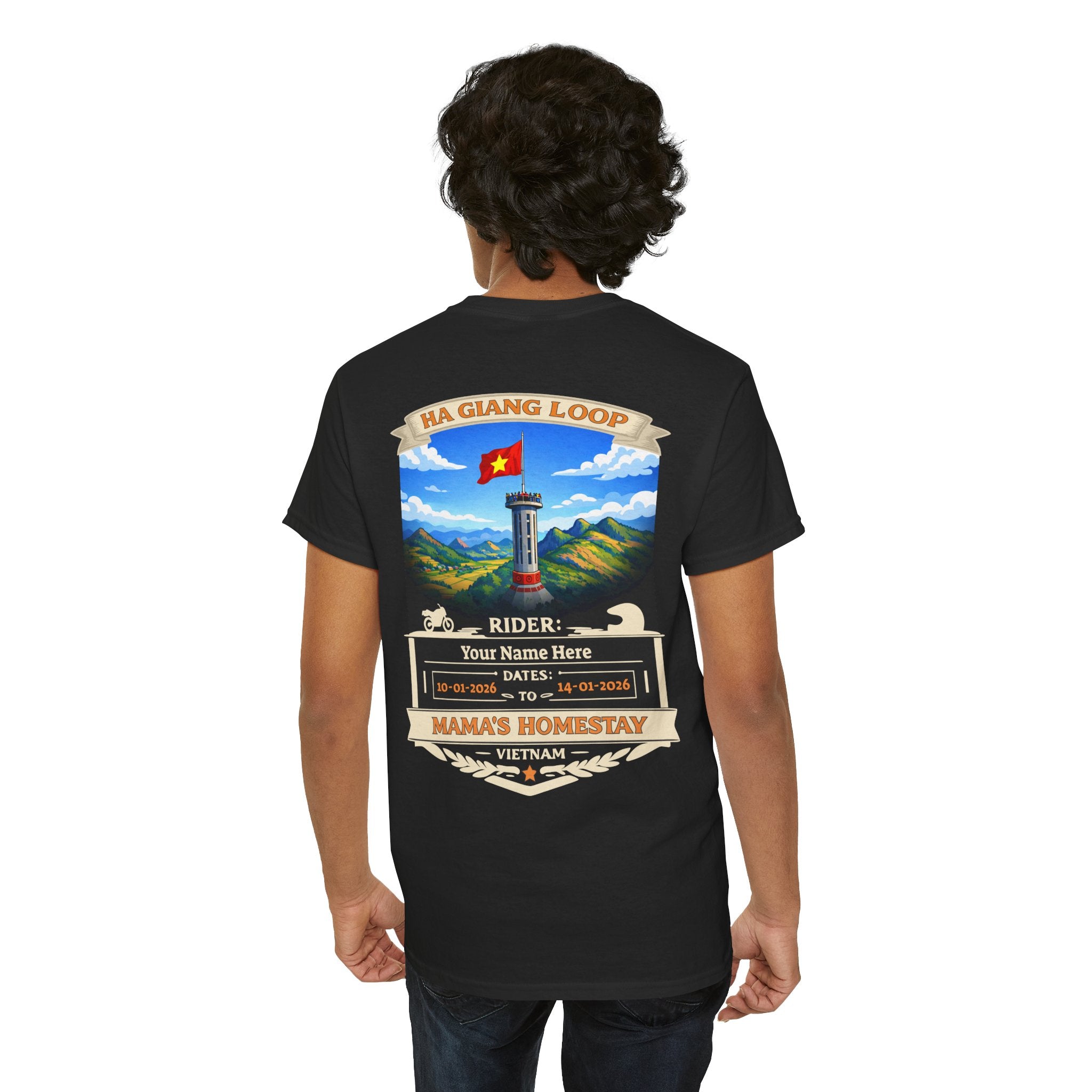 "Mama's Homestay" Ha Giang Loop Motorcycle Tour Tee — Lung Cu Tower  —  Rider Name & Date Customizable - Black Edition - Unisex