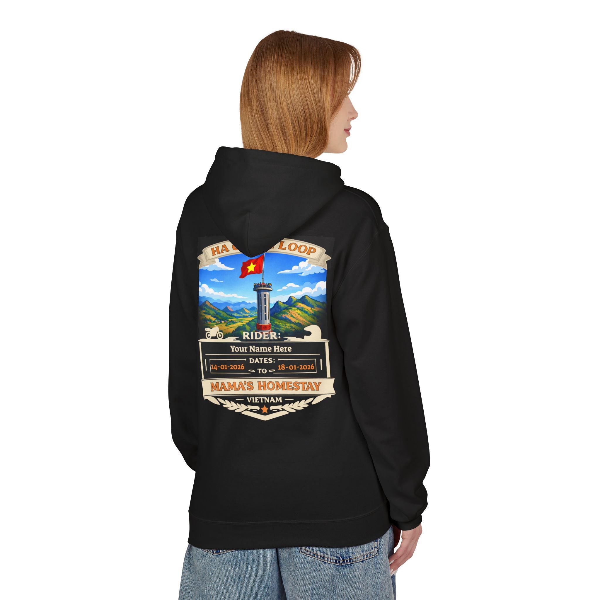 "Mama's Homestay" Ha Giang Loop Motorcycle Tour Hoodie – Lung Cu Tower – Custom Rider Name & Date – Black Edition - Unisex