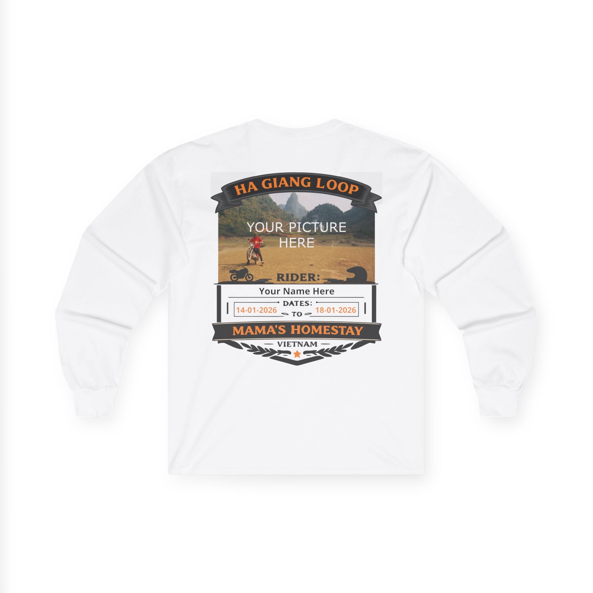 "Mama's Homestay" Ha Giang Loop Motorcycle Tour Long Sleeve Tee – Upload Your Own Photo – Custom Rider Name & Date – White Edition - Unisex