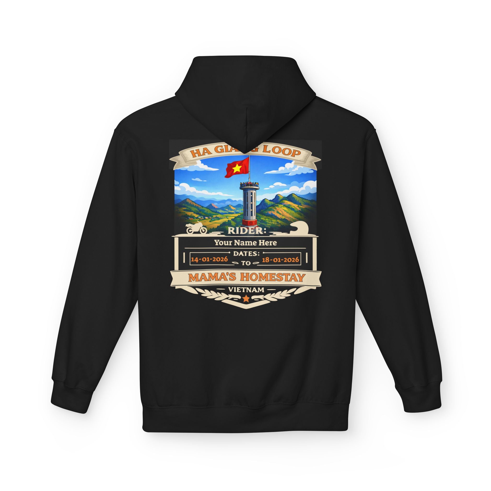 "Mama's Homestay" Ha Giang Loop Motorcycle Tour Hoodie – Lung Cu Tower – Custom Rider Name & Date – Black Edition - Unisex