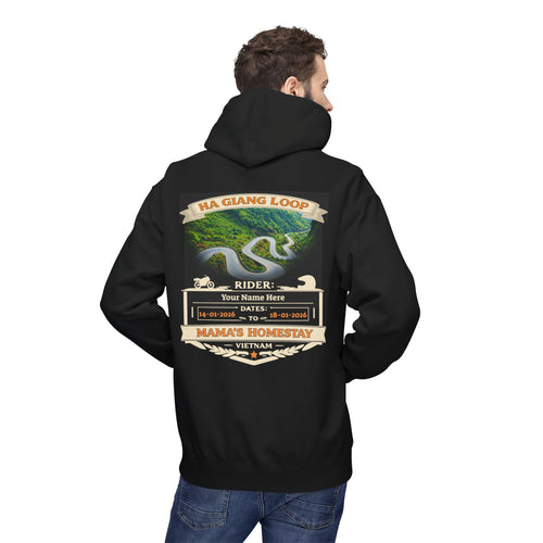 "Mama's Homestay" Ha Giang Loop Motorcycle Tour Hoodie – Mai Pi Leng Pass – Custom Rider Name & Date – Black Edition - Unisex