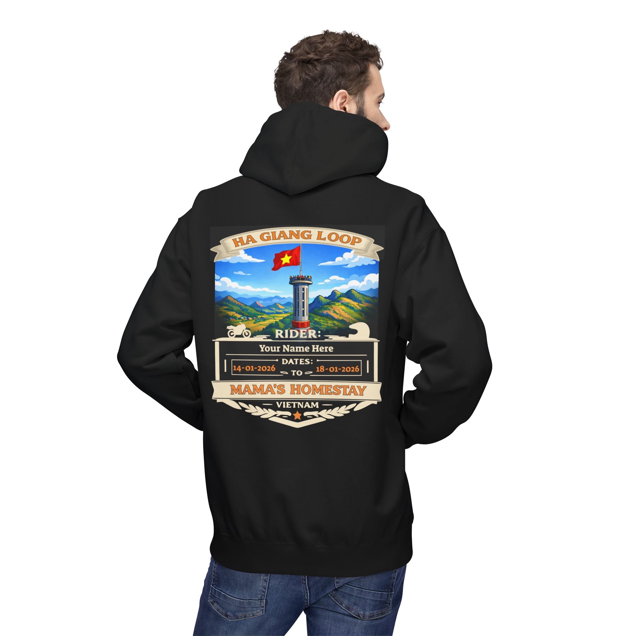 "Mama's Homestay" Ha Giang Loop Motorcycle Tour Hoodie – Lung Cu Tower – Custom Rider Name & Date – Black Edition - Unisex