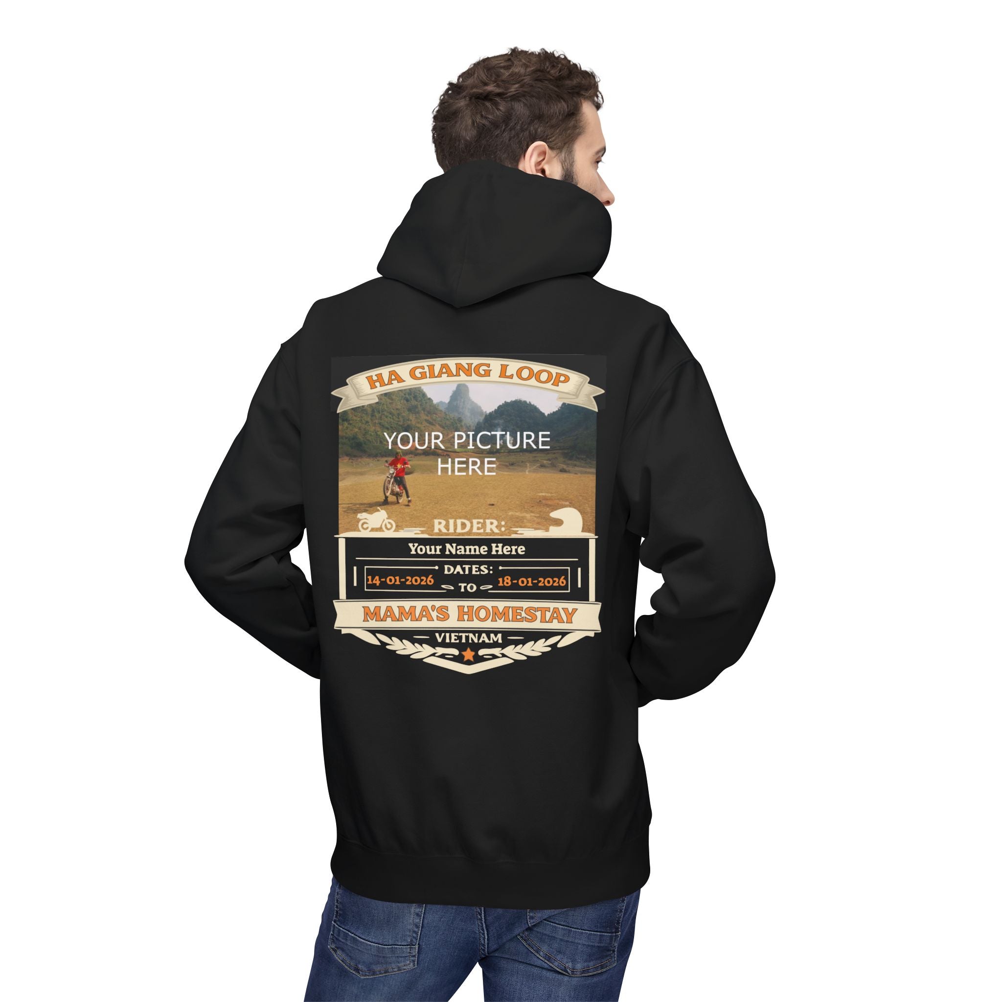 "Mama's Homestay" Ha Giang Loop Motorcycle Tour Hoodie – Upload Your Own Photo – Custom Rider Name & Date – Black Edition - Unisex