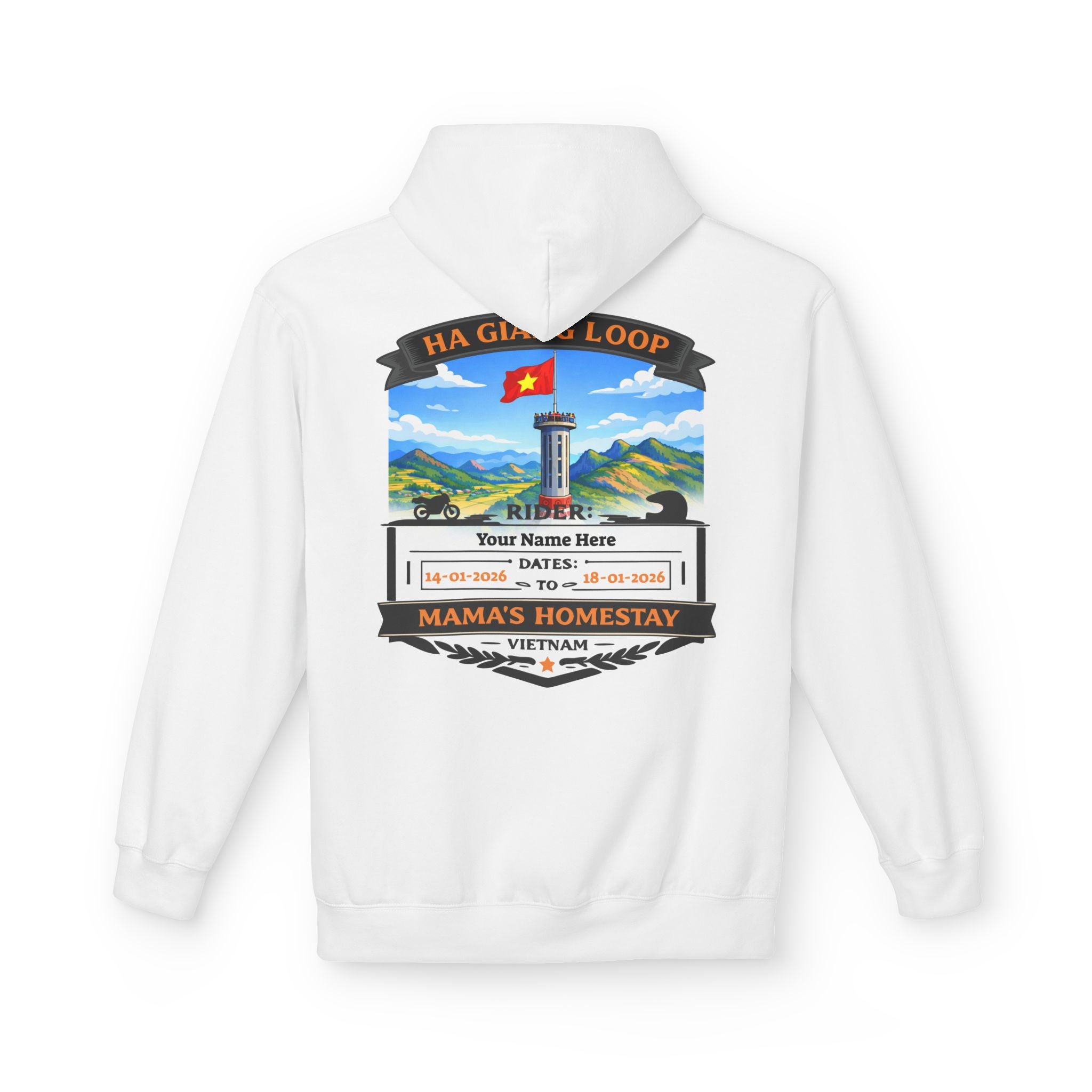 "Mama's Homestay" Ha Giang Loop Motorcycle Tour Hoodie – Lung Cu Tower – Custom Rider Name & Date – White Edition - Unisex