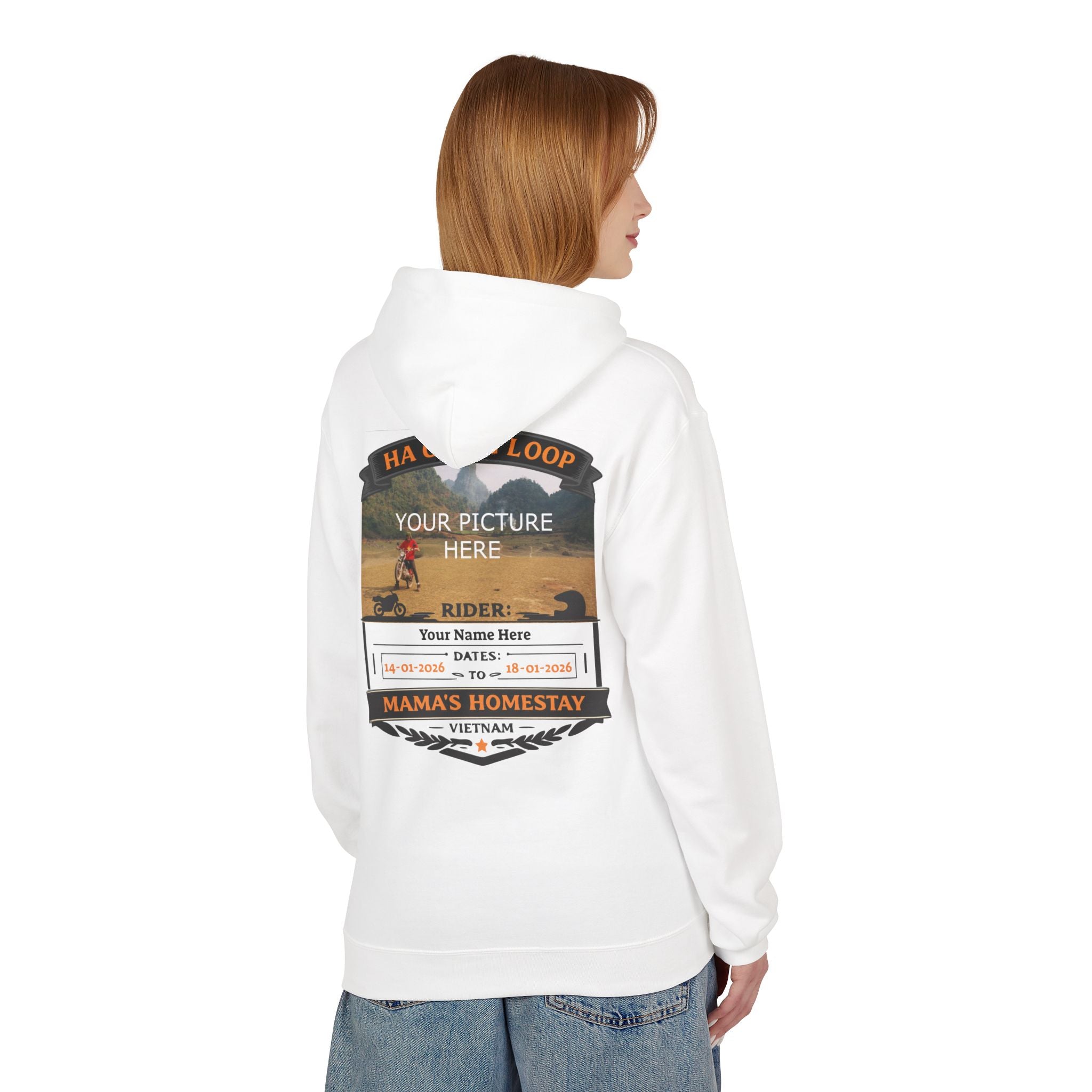 "Mama's Homestay" Ha Giang Loop Motorcycle Tour Hoodie – Upload Your Own Photo – Custom Rider Name & Date – White Edition - Unisex