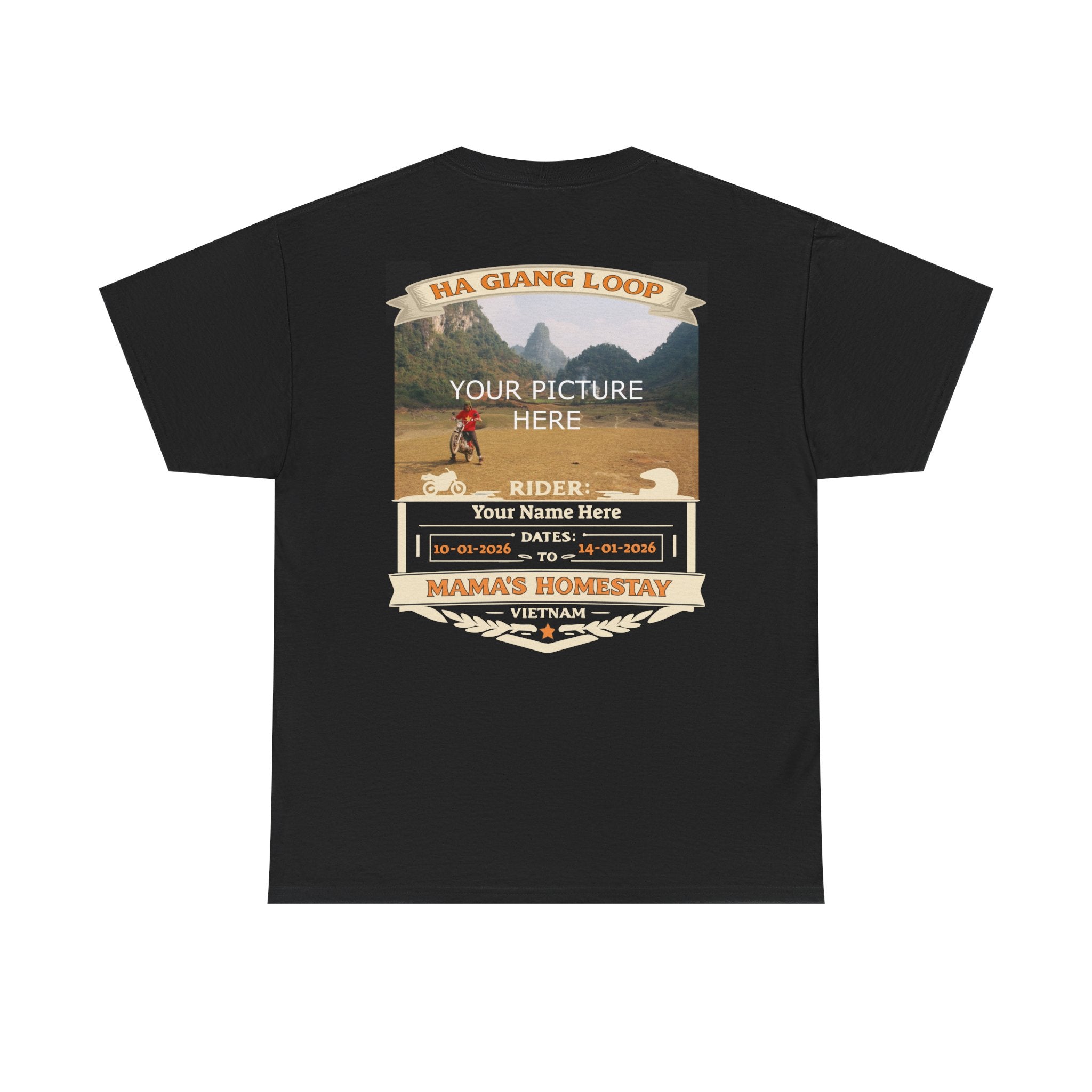 "Mama's Homestay" Ha Giang Loop Motorcycle Tour Tee – Upload Your Own Photo – Custom Rider Name & Date – Black Edition - Unisex