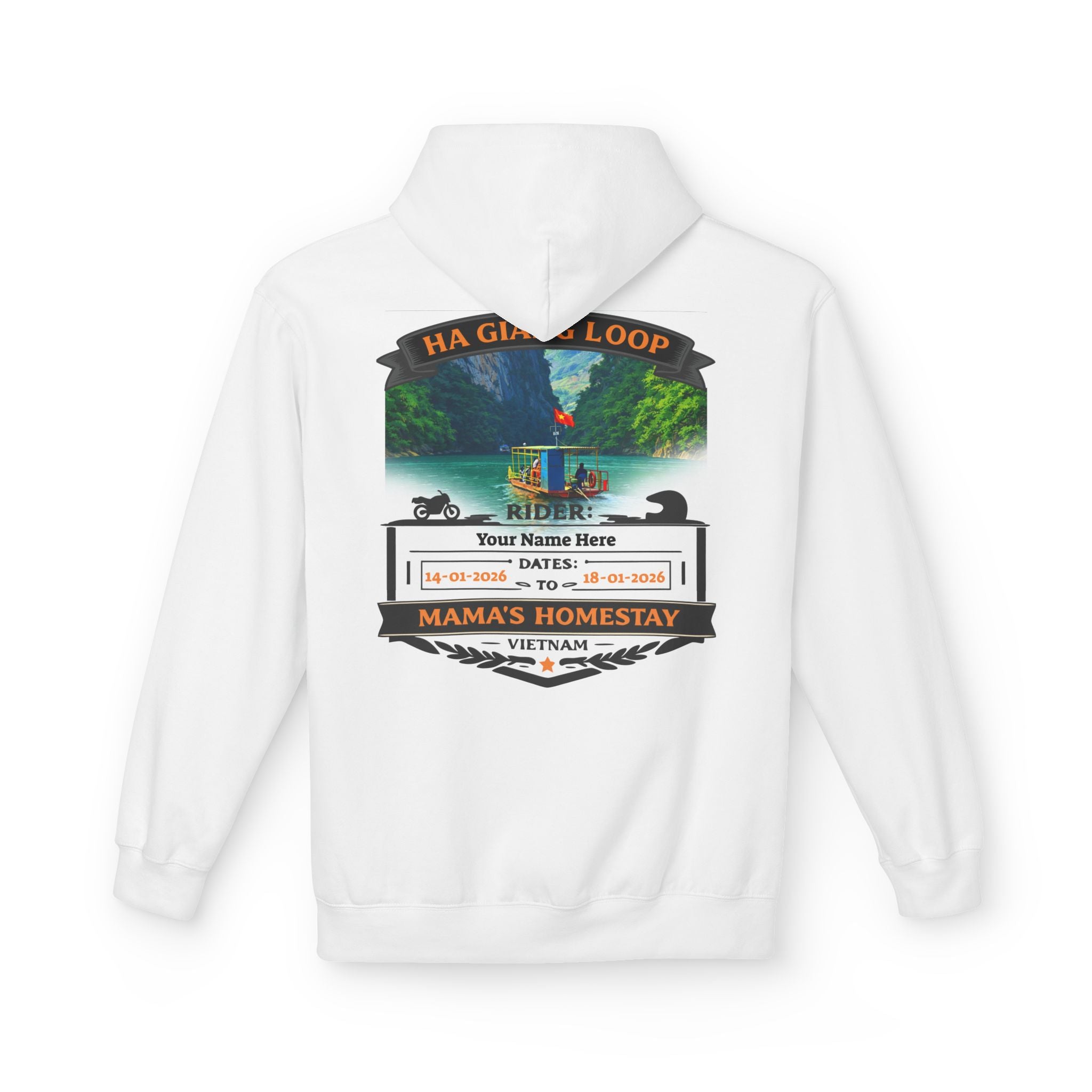 "Mama's Homestay" Ha Giang Loop Motorcycle Tour Hoodie – Nho Que River – Custom Rider Name & Date – White Edition - Unisex