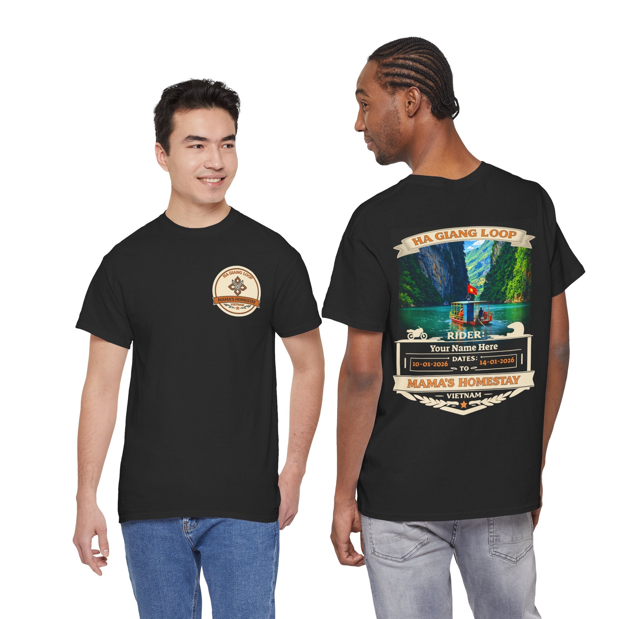 "Mama's Homestay" Ha Giang Loop Motorcycle Tour Tee — Nho Que River  —  Rider Name & Date Customizable - Black Edition - Unisex