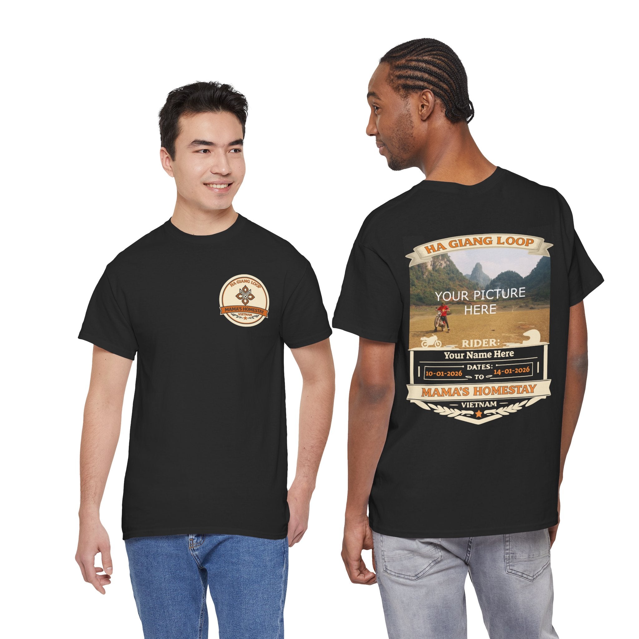 "Mama's Homestay" Ha Giang Loop Motorcycle Tour Tee – Upload Your Own Photo – Custom Rider Name & Date – Black Edition - Unisex