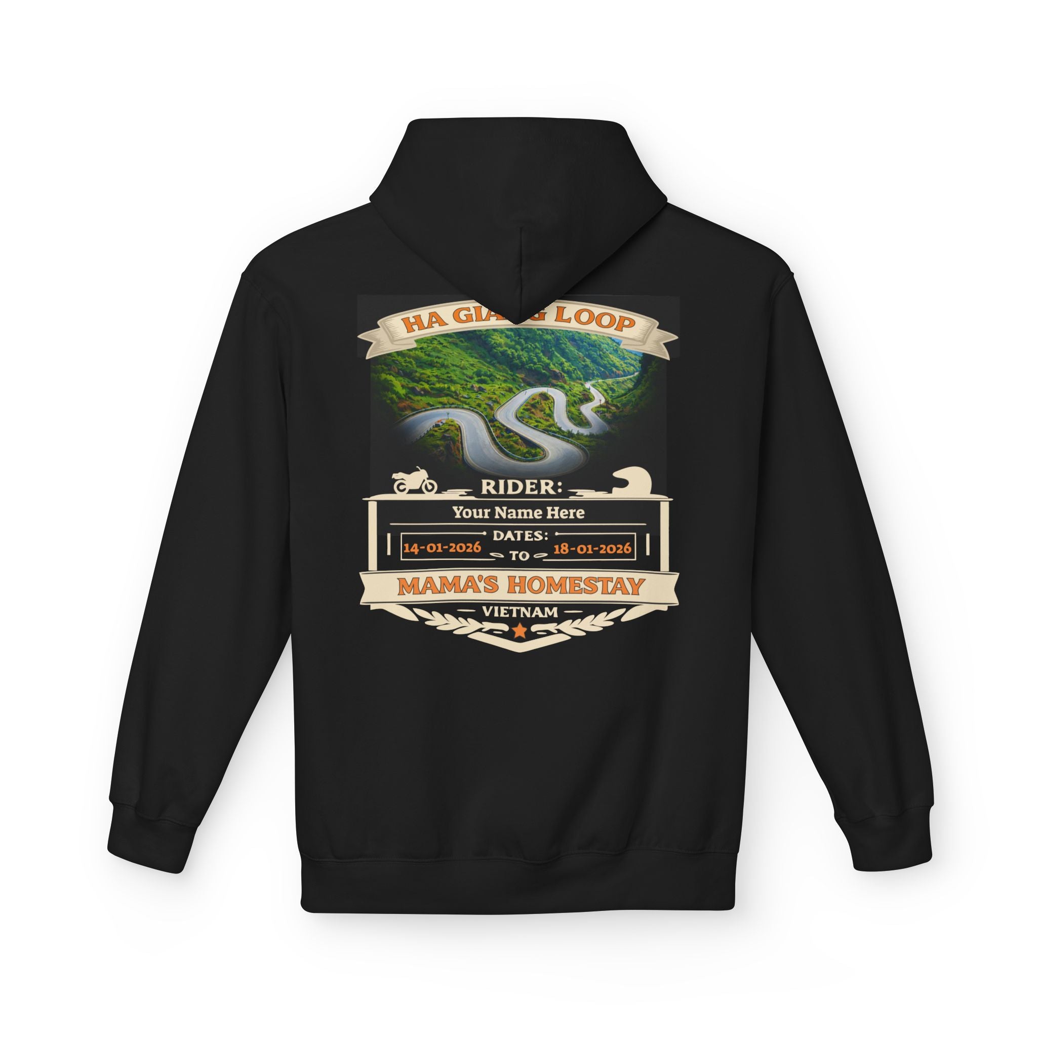"Mama's Homestay" Ha Giang Loop Motorcycle Tour Hoodie – Mai Pi Leng Pass – Custom Rider Name & Date – Black Edition - Unisex