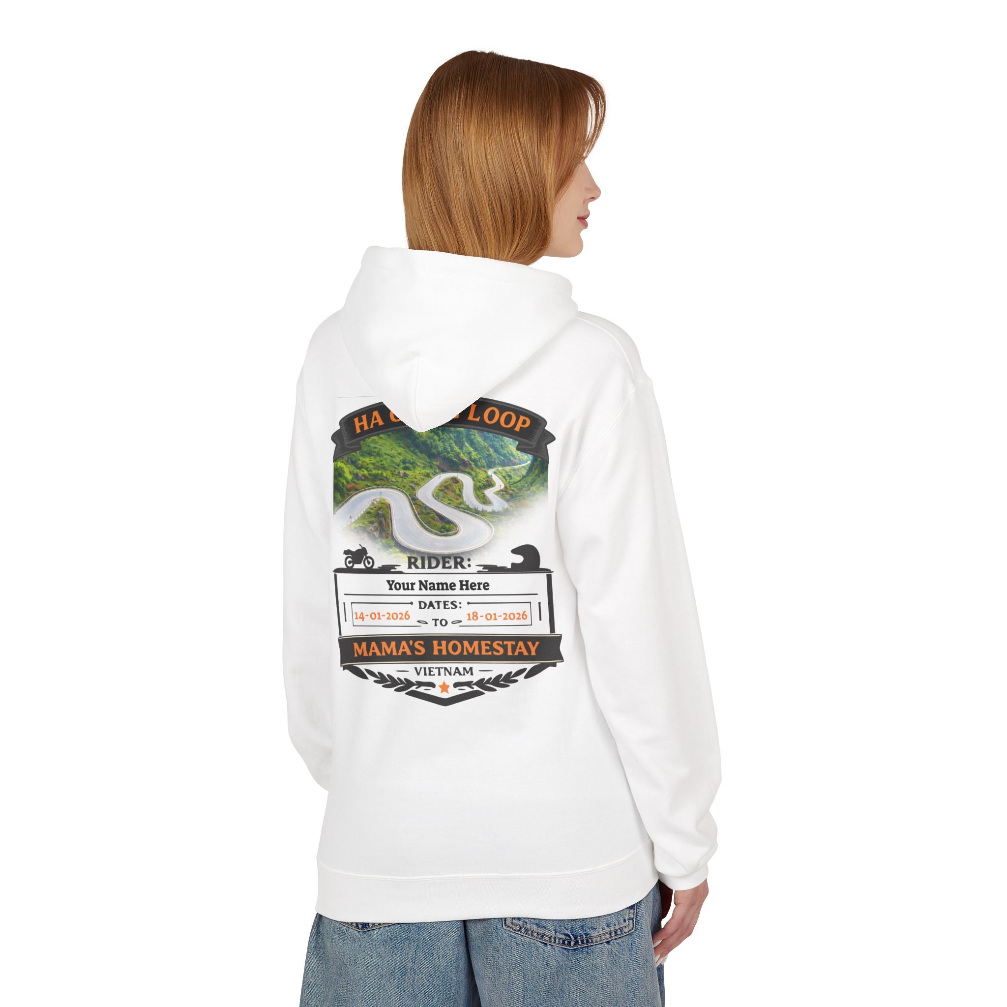 "Mama's Homestay" Ha Giang Loop Motorcycle Tour Hoodie – Mai Pi Leng Pass – Custom Rider Name & Date – White Edition - Unisex