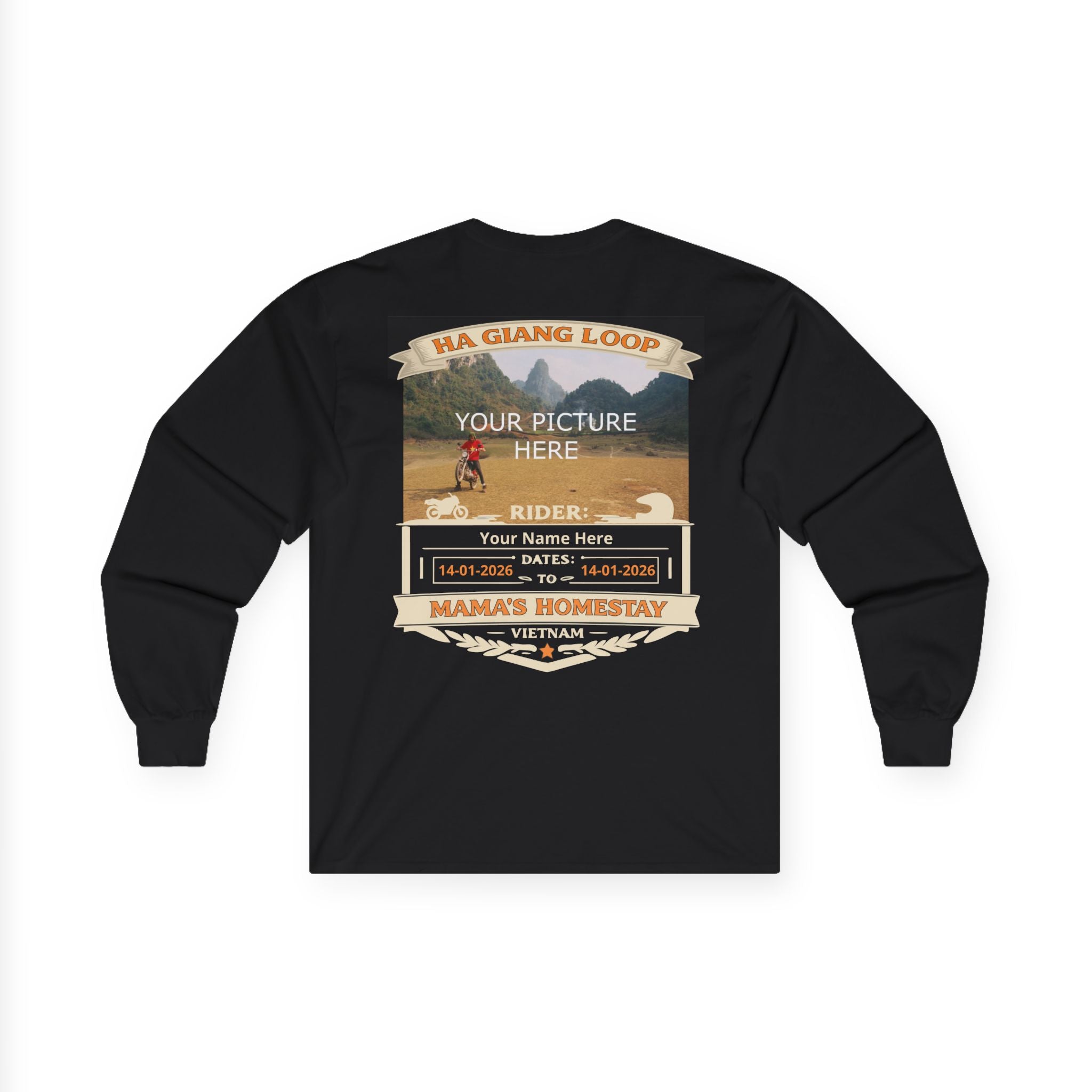 "Mama's Homestay" Ha Giang Loop Motorcycle Tour Long Sleeve Tee – Upload Your Own Photo – Custom Rider Name & Date – Black Edition - Unisex