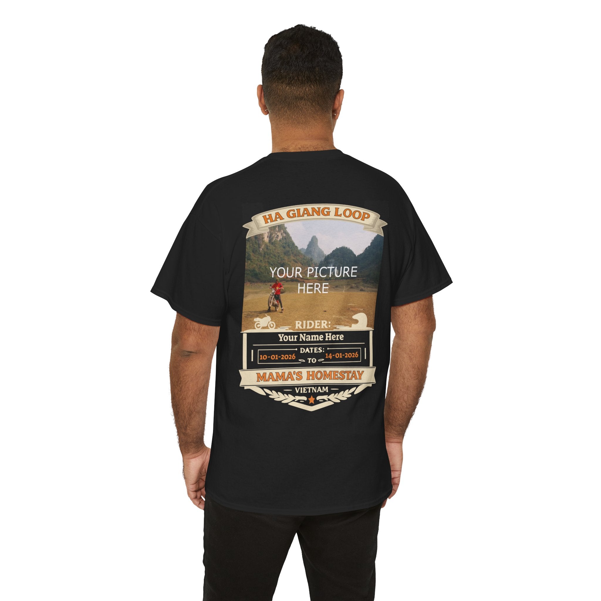 "Mama's Homestay" Ha Giang Loop Motorcycle Tour Tee – Upload Your Own Photo – Custom Rider Name & Date – Black Edition - Unisex