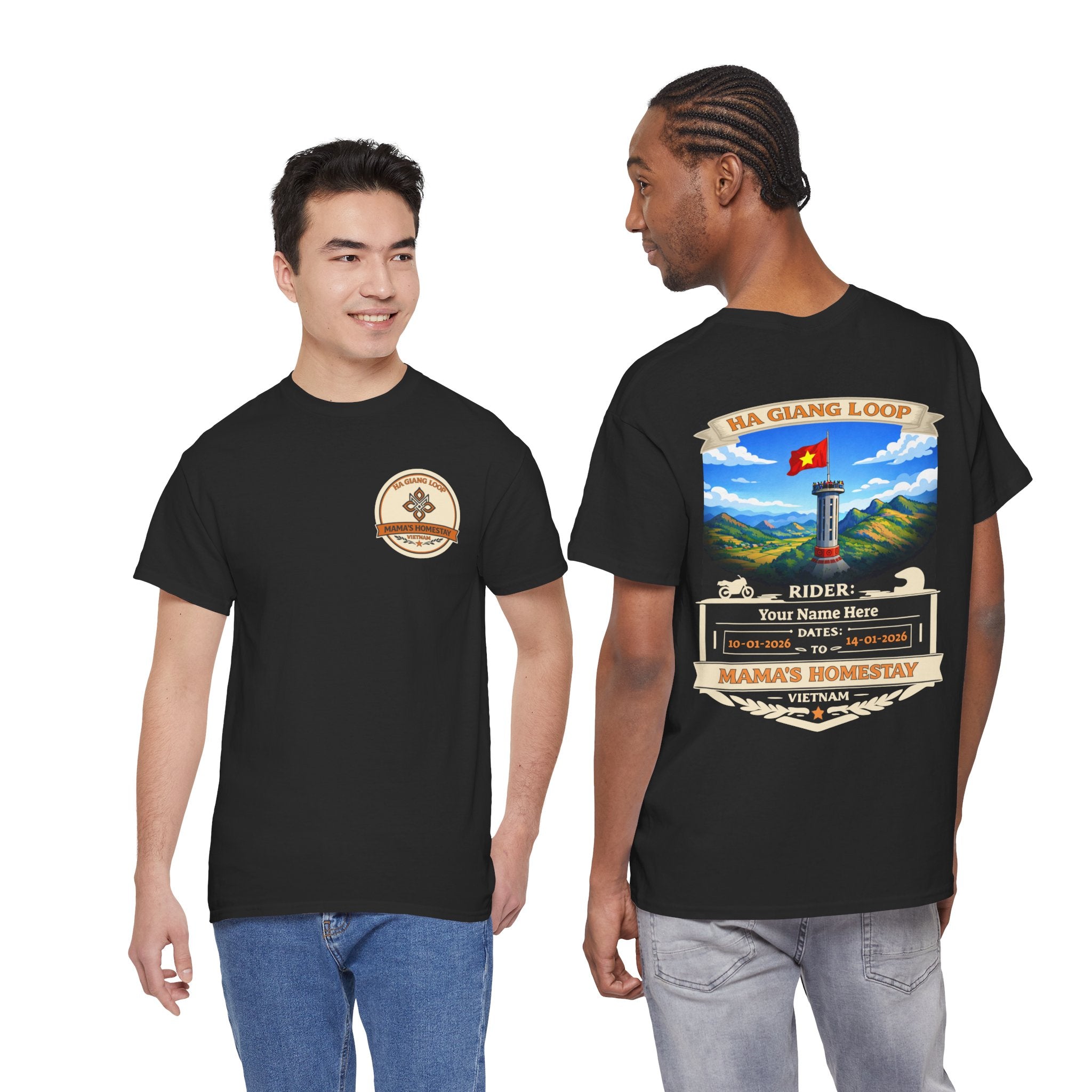 "Mama's Homestay" Ha Giang Loop Motorcycle Tour Tee — Lung Cu Tower  —  Rider Name & Date Customizable - Black Edition - Unisex