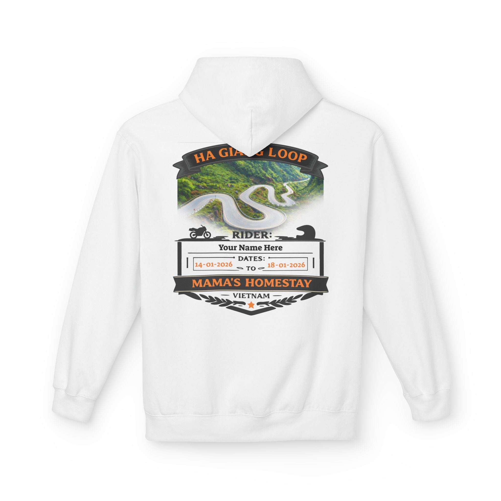"Mama's Homestay" Ha Giang Loop Motorcycle Tour Hoodie – Mai Pi Leng Pass – Custom Rider Name & Date – White Edition - Unisex