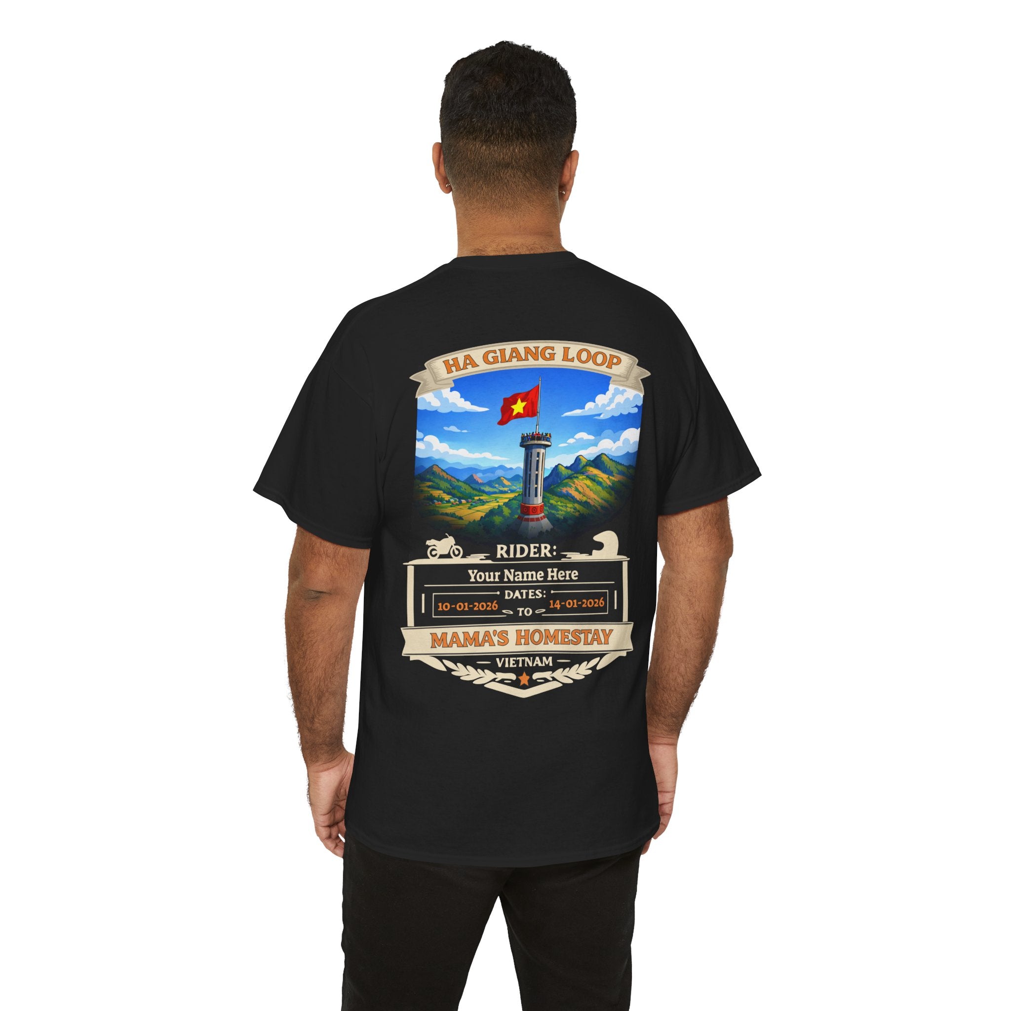 "Mama's Homestay" Ha Giang Loop Motorcycle Tour Tee — Lung Cu Tower  —  Rider Name & Date Customizable - Black Edition - Unisex